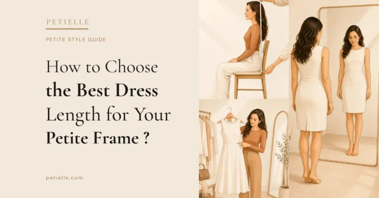 Petite style guide graphic showing how to choose the best dress length for a petite frame, with illustrations demonstrating different dress lengths, waist placement, and proportions.