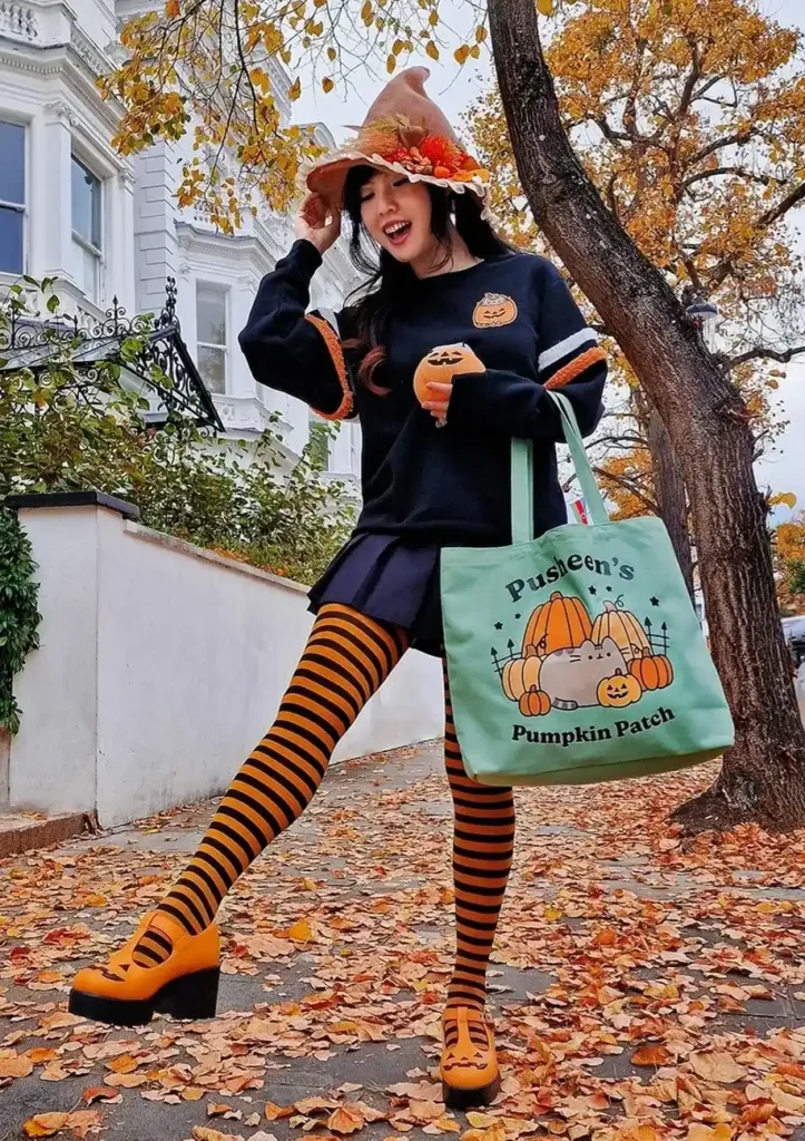 Petite woman with long dark hair wearing a navy oversized Halloween graphic sweatshirt with a pumpkin patch detail at the chest, a dark pleated mini skirt, orange and black striped thigh-high stockings, and a rust-toned floral witch hat, holding a mint green Halloween character tote bag while posing on a leaf-covered autumn street with golden trees in the background.