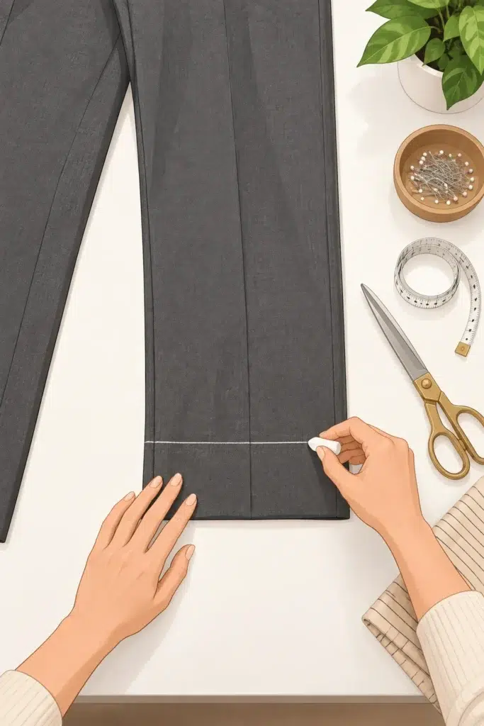 Charcoal gray trouser legs laid flat on a white table while tailor’s chalk marks a straight horizontal hemline, illustrating how to measure and mark trousers for shortening.