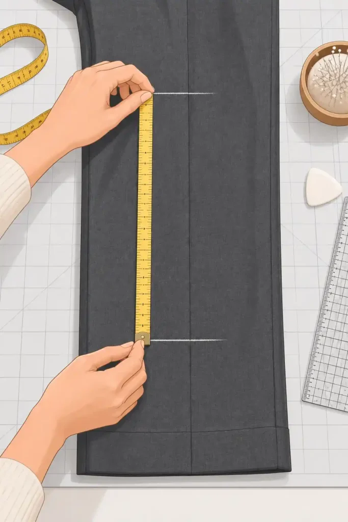 Close-up of a charcoal gray trouser leg with two parallel chalk lines and a yellow measuring tape, showing how to measure the hem allowance accurately when shortening trousers.
