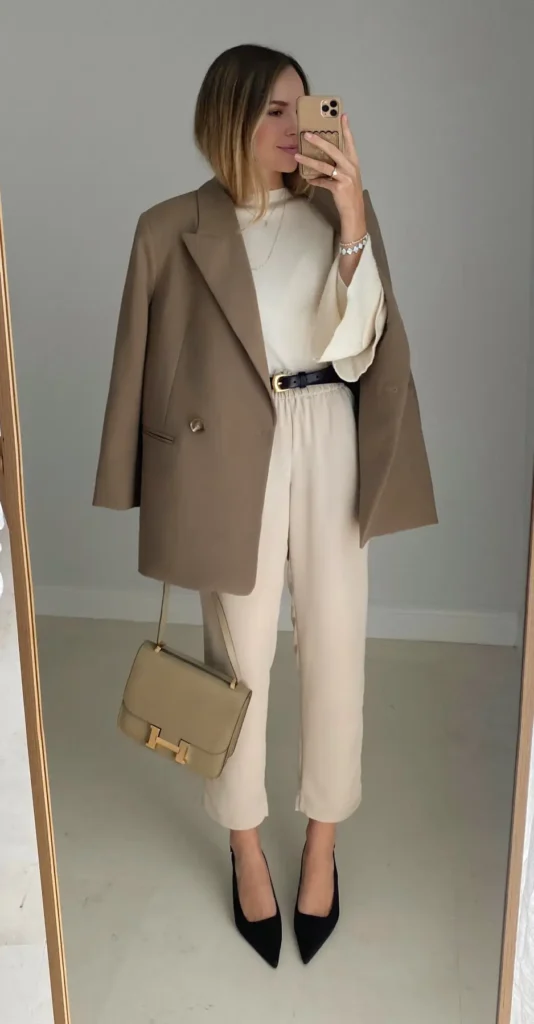 Petite blazer outfit with an oversized camel double-breasted blazer, cream wide-leg culottes, a thin black belt with gold buckle, and black pointed pumps, mirror selfie