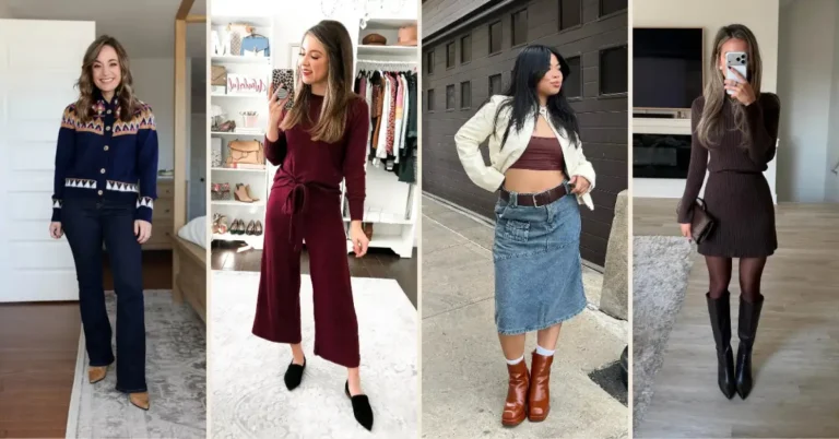 Pinterest-style collage featuring four petite Thanksgiving outfit ideas, including a patterned cardigan with trousers, a burgundy wide-leg jumpsuit, a denim midi skirt with a cropped jacket, and a brown sweater dress with knee-high boots.