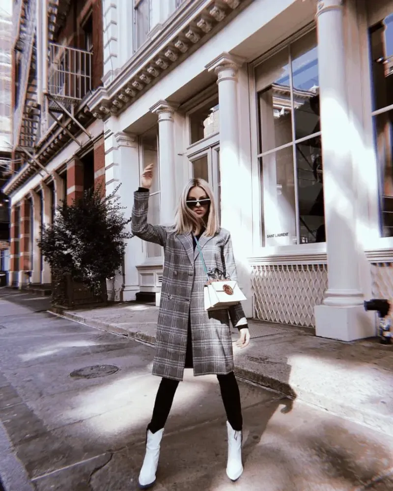 Petite woman with blonde shoulder-length hair standing on a city sidewalk wearing black slim-fit jeans and a long tailored grey plaid double-breasted coat worn open, paired with white pointed-toe cowboy-style ankle boots and a small structured novelty crossbody bag, wearing narrow dark sunglasses, photographed on a New York-style street with white classical building columns.