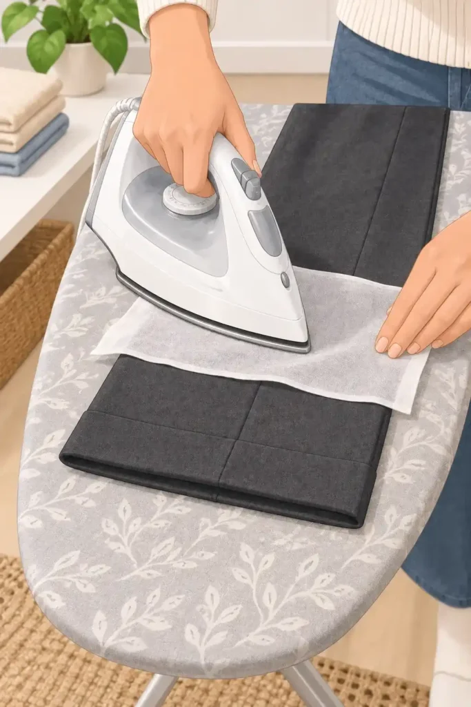 White steam iron approaching a folded charcoal gray trouser cuff on an ironing board, with light steam rising as the crease is carefully pressed for a crisp finish.