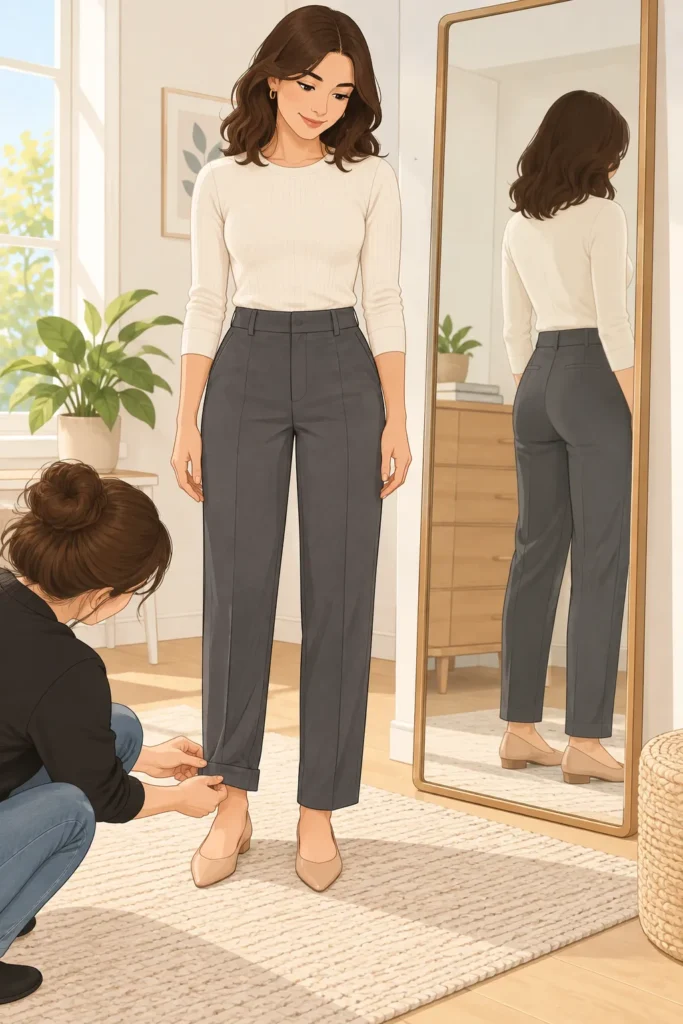 Petite woman wearing charcoal gray work trousers while a person folds the trouser hem at ankle level in front of a full-length mirror, showing how to shorten trousers for a petite fit.