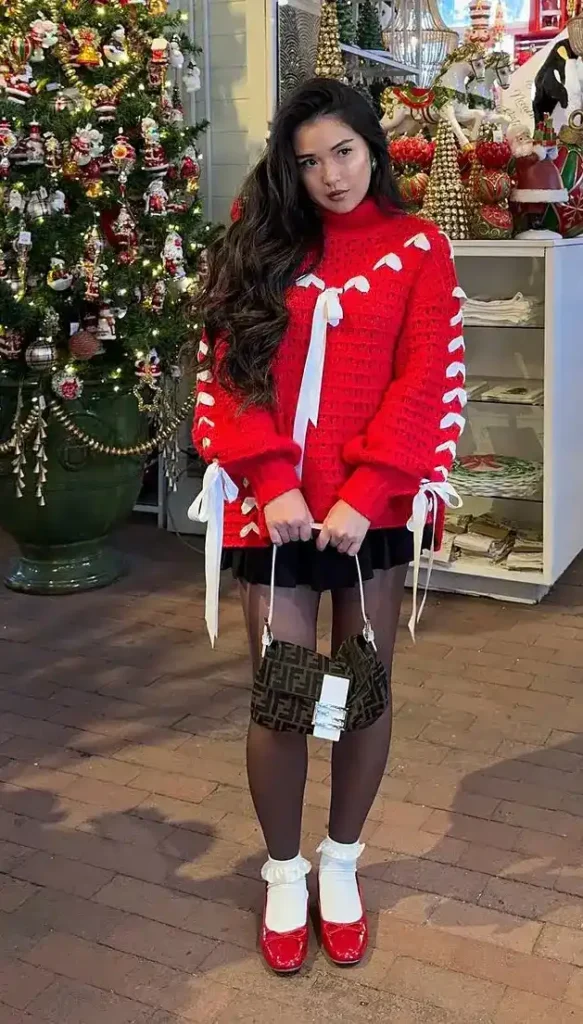 Petite woman in an oversized bright red chunky knit sweater with white ribbon lace-up detailing running down the front and along both sleeves tied in small bows at the cuffs, paired with a very short black pleated mini skirt, dark sheer tights, white ruffle-trim ankle socks, and red patent leather Mary Jane flat shoes, holding a small dark monogram print top-handle handbag, standing in front of a heavily decorated Christmas tree display outside a festive shop with ornate red and gold ornaments.