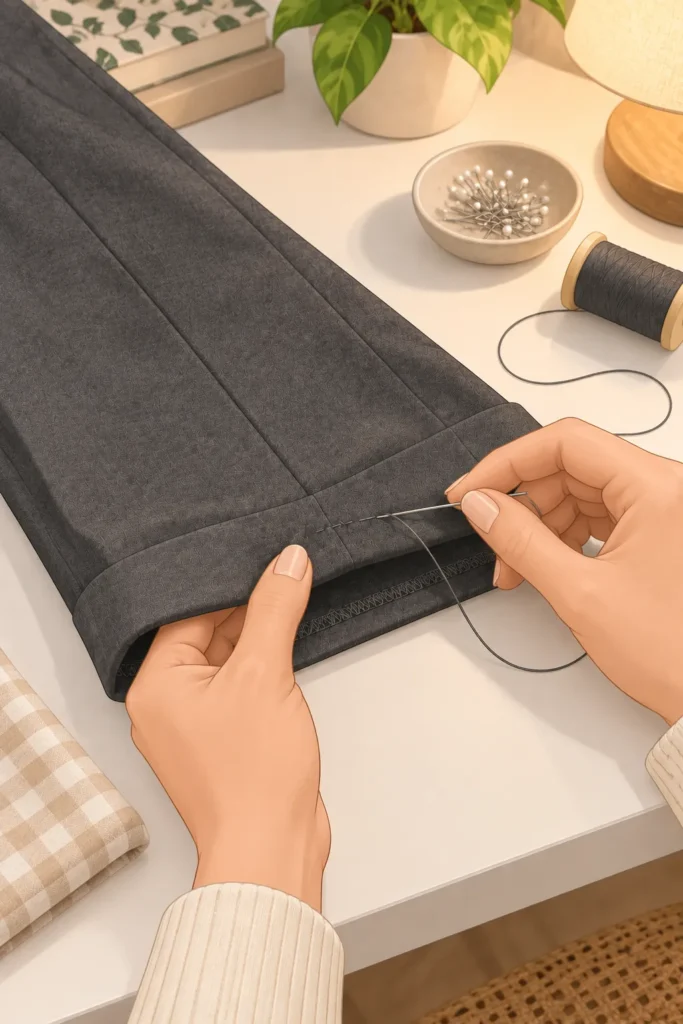White iron pressing a folded charcoal gray trouser cuff through a thin pressing cloth, creating a crisp crease and neat finished hem.
