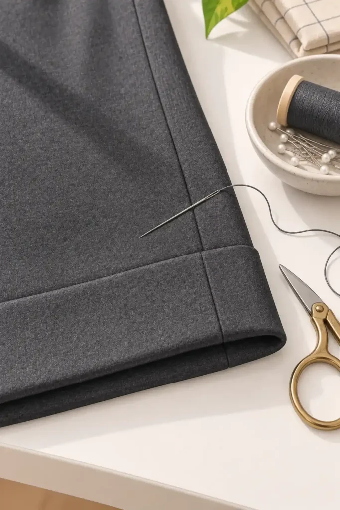 Finished trouser cuff detail
Close-up of a neatly folded charcoal gray trouser cuff showing a clean side seam and precise hem finish, with sewing tools nearby on a white table.