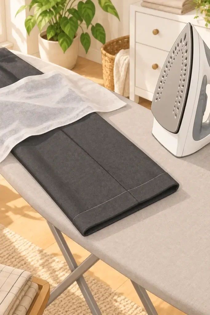 Charcoal gray trouser leg turned inside out with straight pins securing the folded hem allowance, showing how to prepare trousers for sewing a new hem.