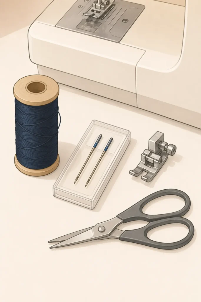 Thread your sewing machine with a denim needle and matching thread — a spool of dark indigo thread, denim needles, a zipper foot, and fabric scissors arranged beside a sewing machine