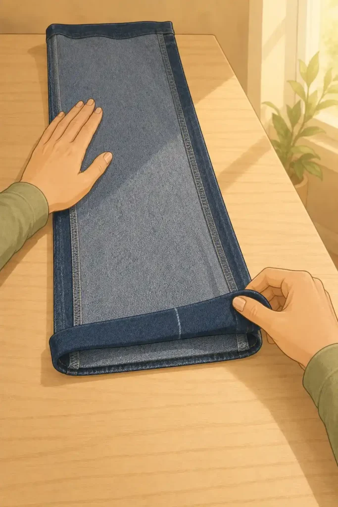 Fold the bottom of each leg up so the original hem sits at your mark — hands actively folding a dark indigo pant leg upward toward a chalk mark on a wooden table
