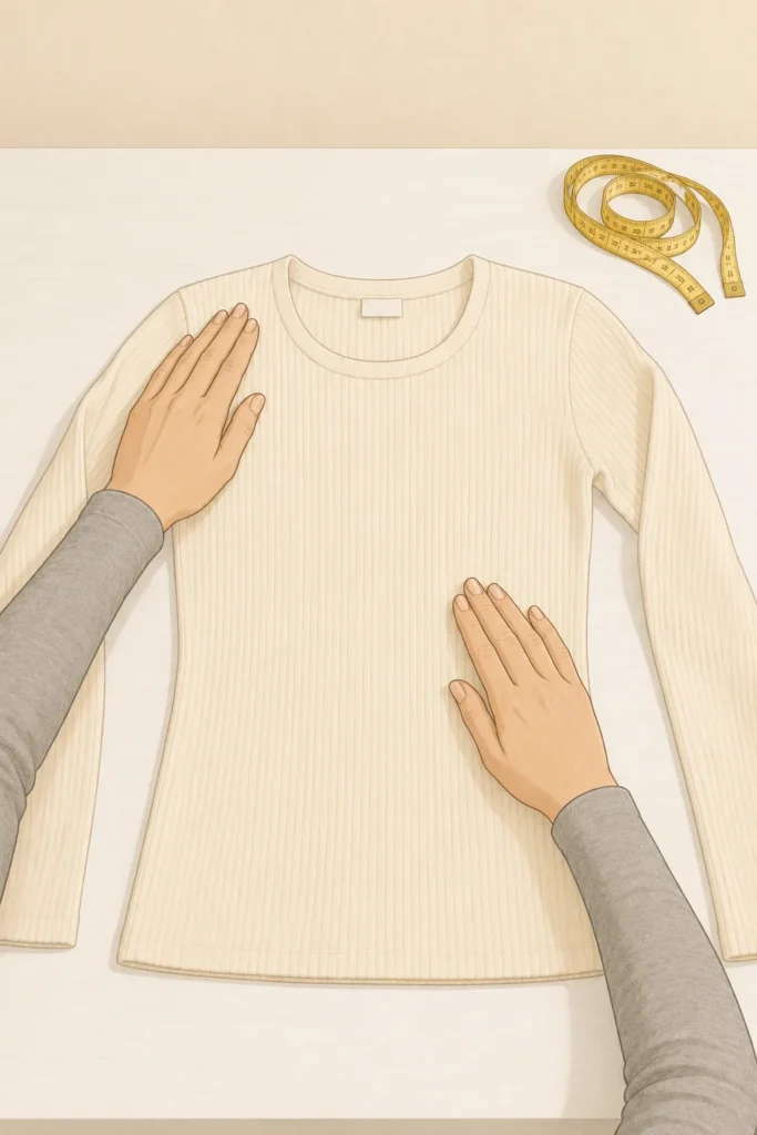 Start With a Fitted Heat-Trapping Base Layer — hands smoothing a fitted ivory ribbed merino wool thermal long-sleeve flat on a table for petite winter layering