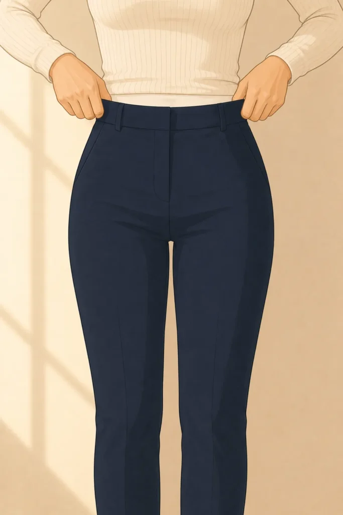 Put On High-Waisted Bottoms Before Anything Else Goes On — waist-down view of hands pulling dark navy high-waisted slim trousers up to the natural waist with ivory thermal base layer visible above the waistband