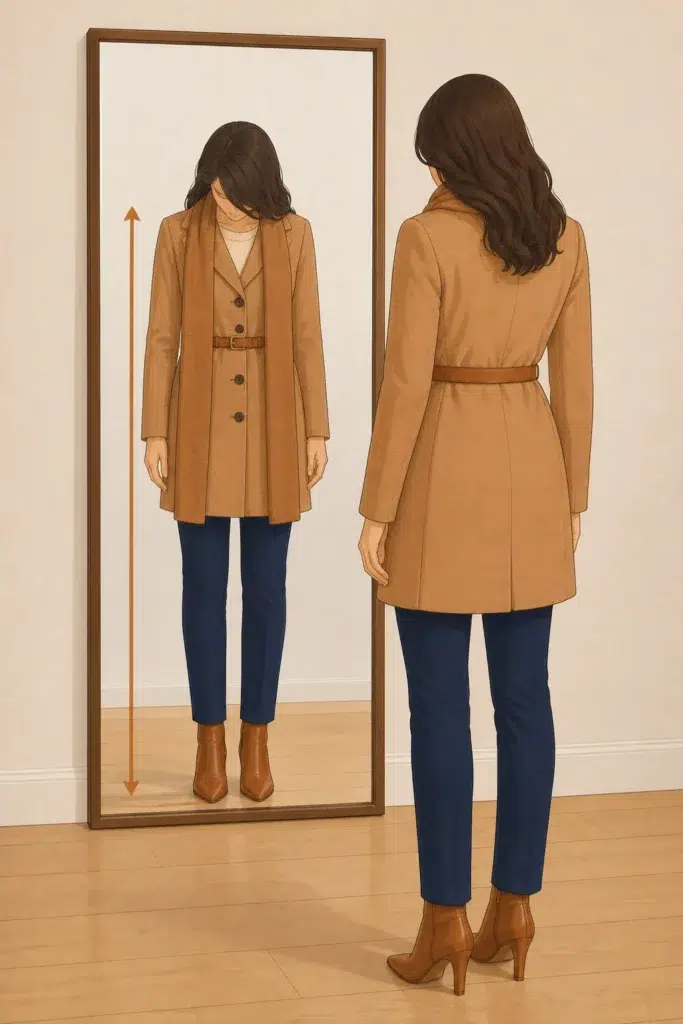 Do a Full Proportion Check Before You Walk Out — wide room-level view of a woman standing six feet from a full-length mirror reviewing her complete layered petite winter outfit silhouette from boot tip to coat collar