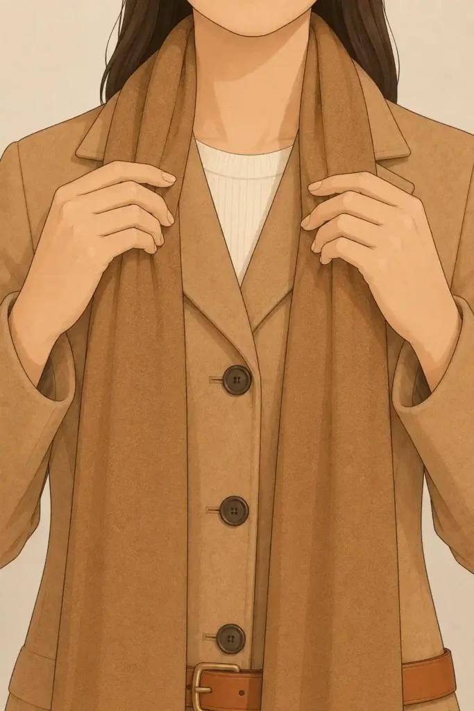 Wrap a Scarf That Works With Your Proportions — chest-to-chin view of both hands draping a long camel scarf straight down the front of a camel wool coat in two clean vertical panels