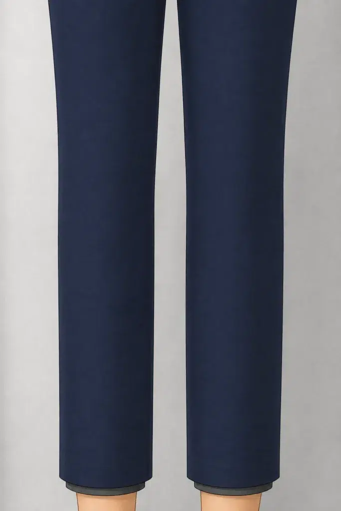 Warm Your Legs Without Bulking Up Underneath — knee-to-ankle view of dark navy slim trousers hanging smooth and wrinkle-free with a thin strip of charcoal gray thermal legging visible at both ankle hems