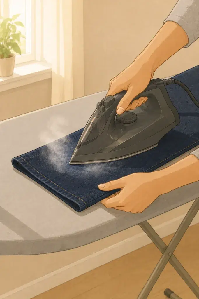 Press the new seam flat with a hot iron and steam — a steam iron pressing down on the hem area of dark indigo jeans on an ironing board with steam rising from the fabric