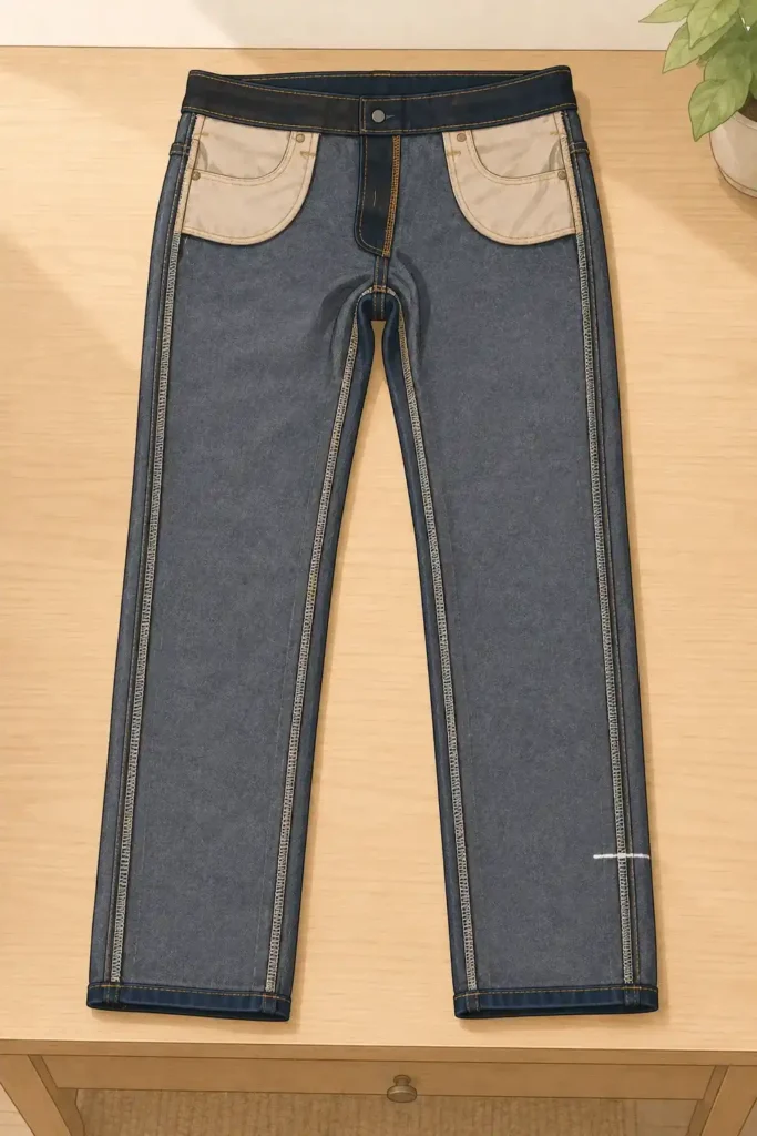 Turn the jeans inside out and lay them flat — inside-out dark indigo jeans laid flat on a wooden table with raw seams and a chalk mark visible