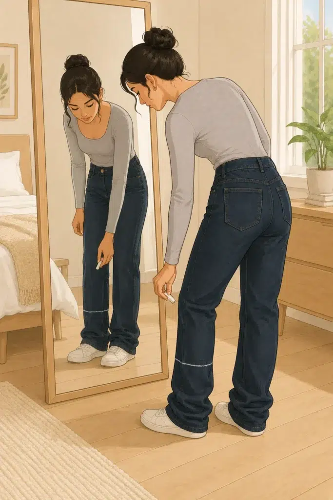 Put on the jeans with your everyday shoes and mark the new length — a petite woman standing in front of a mirror marking her too-long jeans with fabric chalk at ankle height