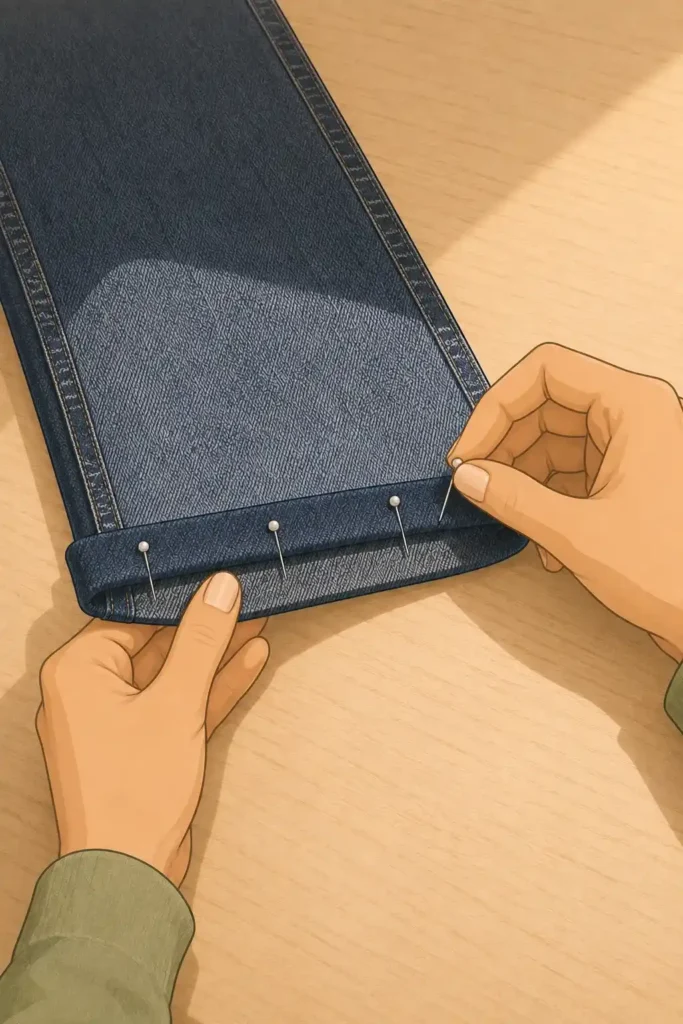 Pin the fold in place all the way around each leg — overhead view of two inside-out pant legs with straight pins spaced evenly around each folded hem on a cutting mat