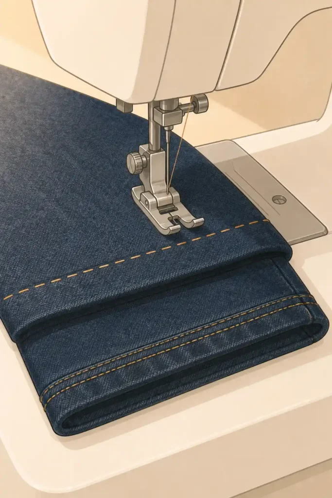 Sew a straight stitch close to the fold around each leg — dark indigo denim positioned under a sewing machine presser foot with a guide line along the fold edge