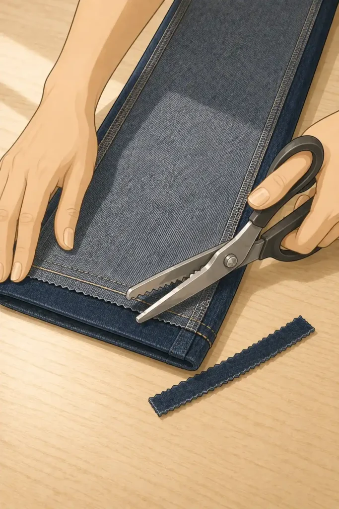 Trim the excess fabric and finish the raw edge — hands using pinking shears to trim excess denim above the stitch line on an inside-out pant leg on a wooden table