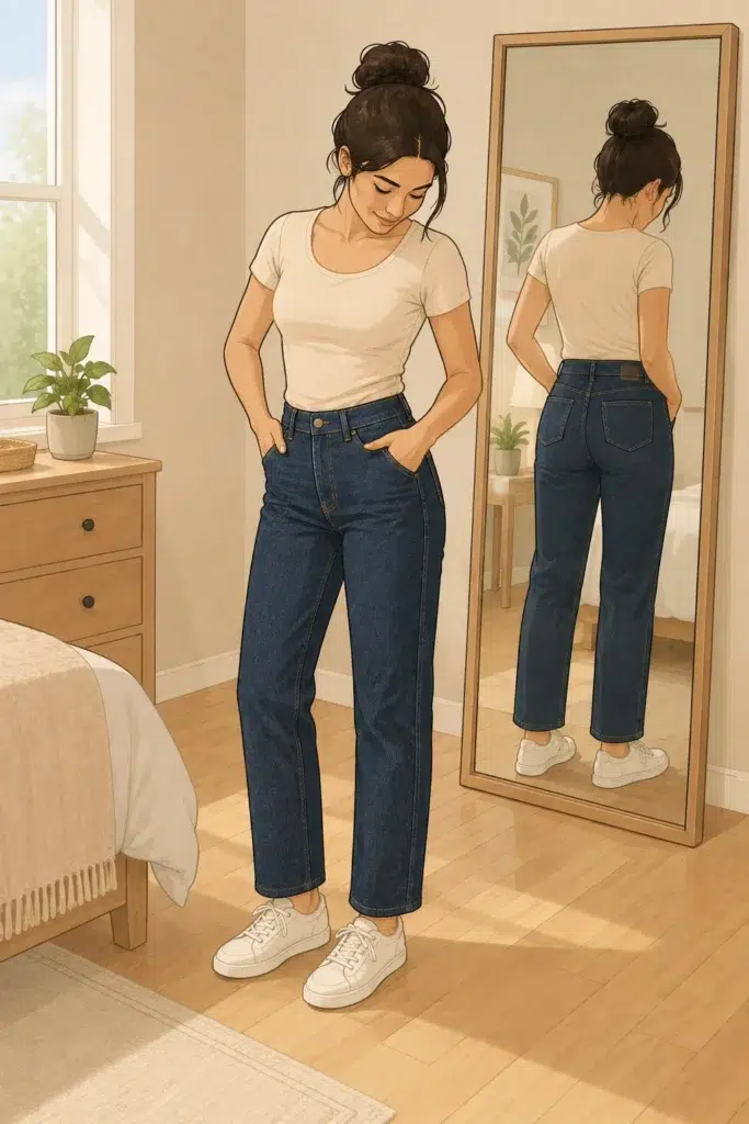 Try the jeans on one more time before you cut anything — a petite woman checking the hem length of her freshly hemmed dark indigo jeans in a full-length bedroom mirror