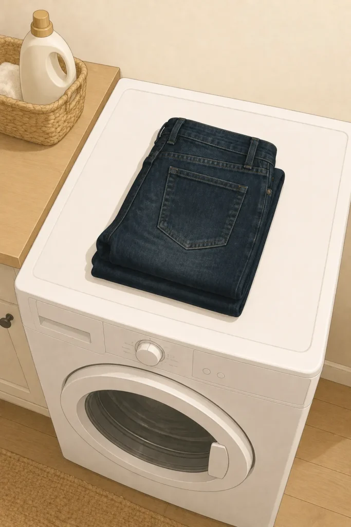 Wash and dry your jeans at least twice before you start — freshly washed dark indigo jeans folded on top of a white dryer in a bright laundry space